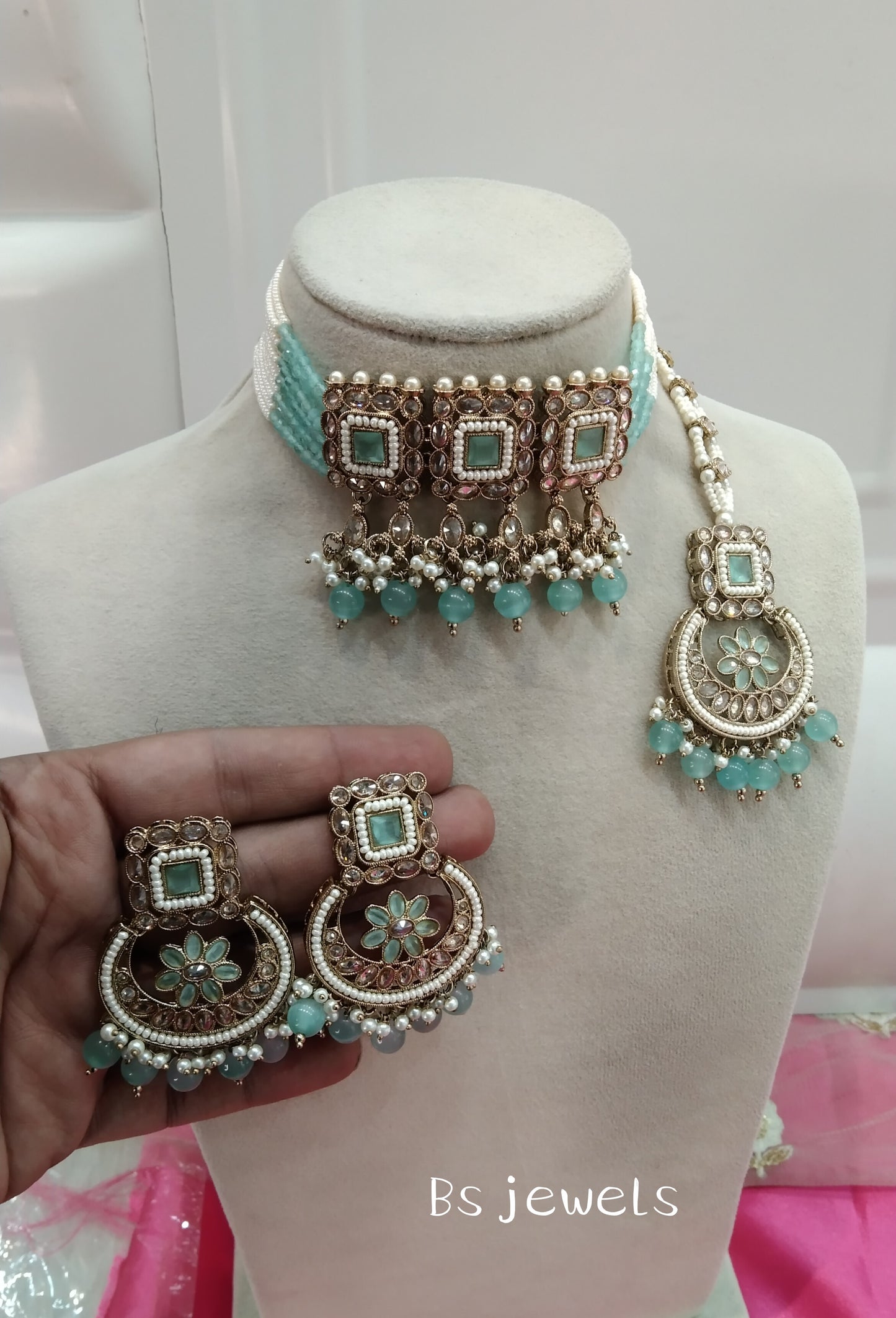 Sea Green Champagne Stone Choker Jewellery  Nisha Set
