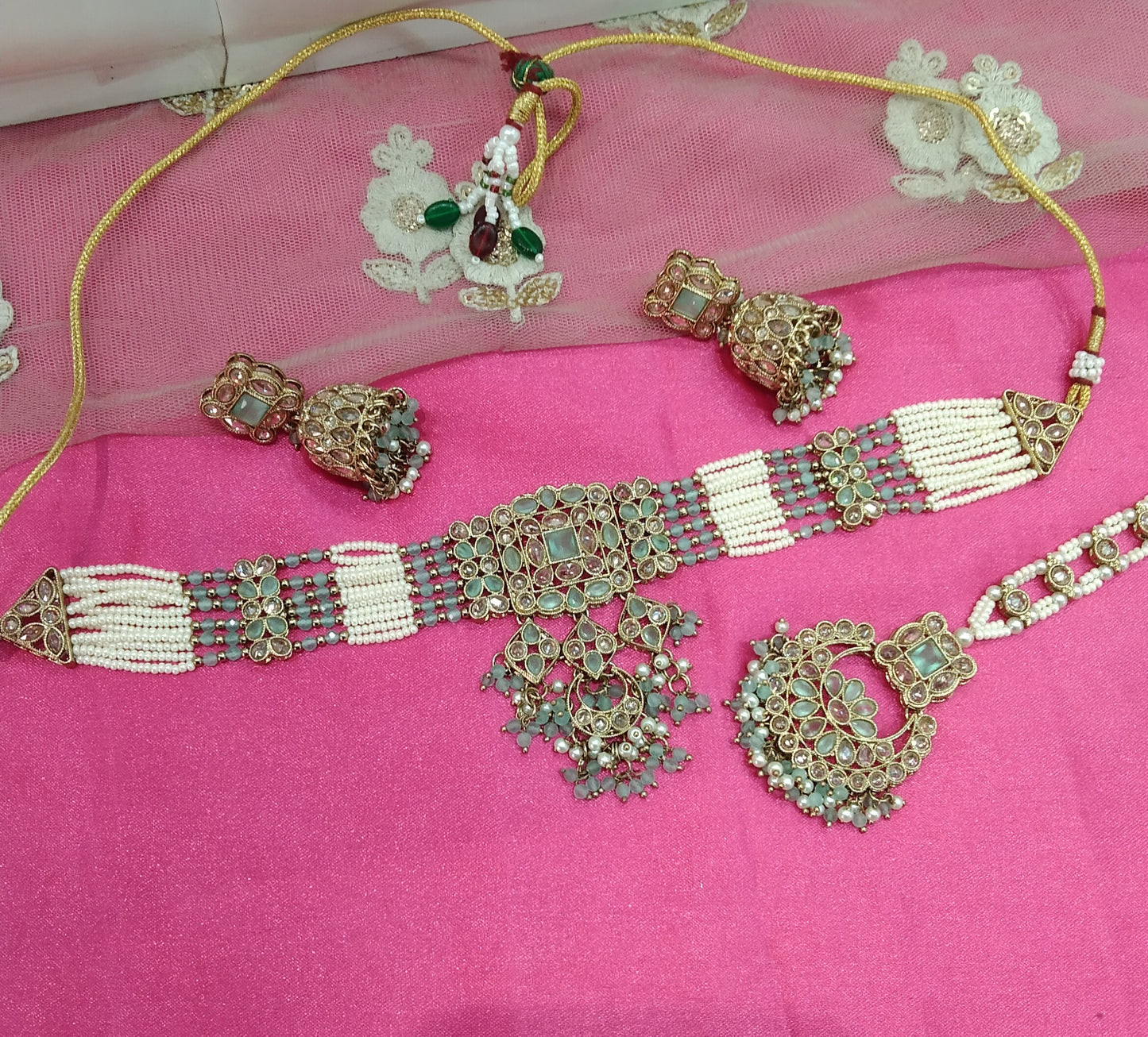 Sea Green Champagne Stone Choker Jewellery Jhumka Nisha Set