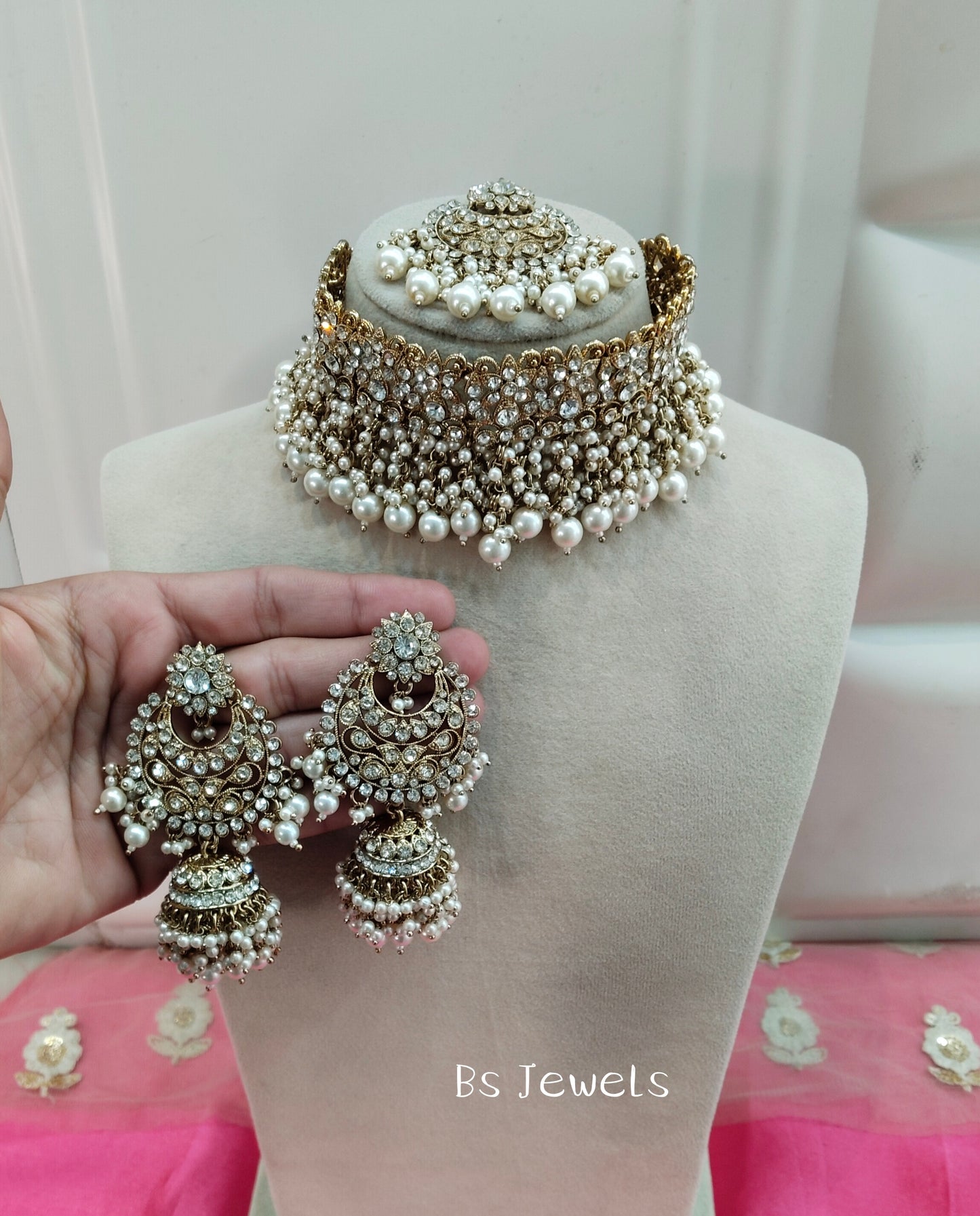 Antique White Crystal Stone Choker Jhumka Jewellery Siraj Set