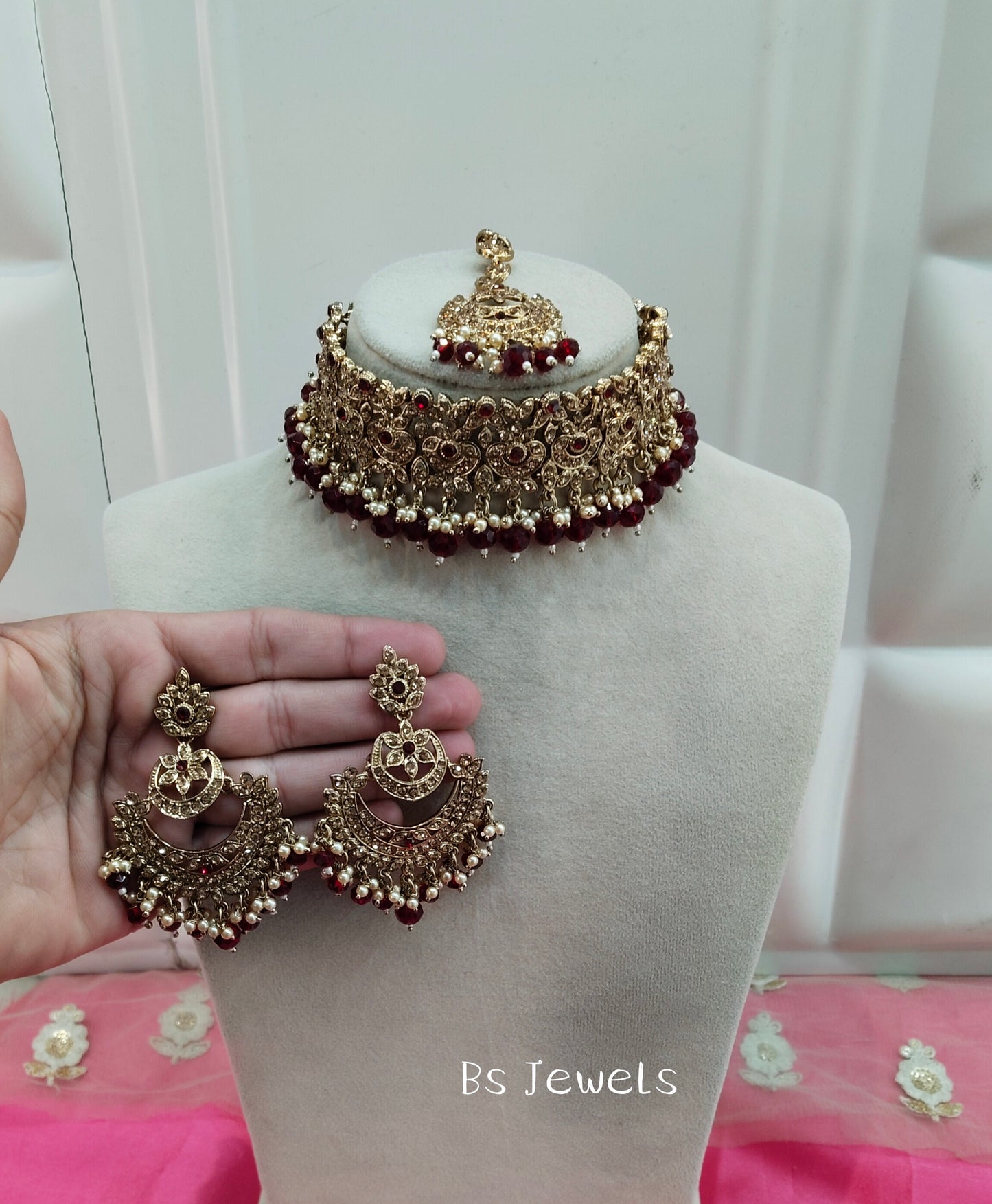 Maroon Crystal Stone Choker Jewellery Siraj Set