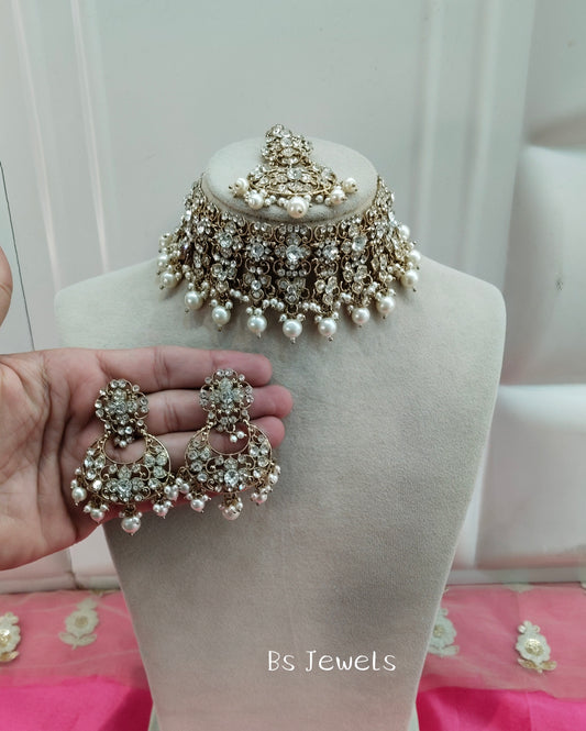 Antique White Crystal Stone Choker Jewellery Siraj Set