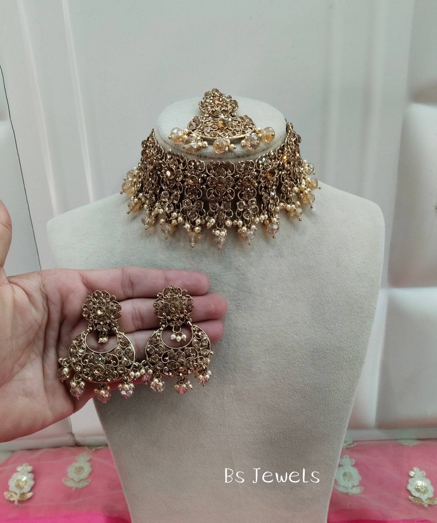 Antique Gold Crystal Stone Choker Jewellery Siraj Set