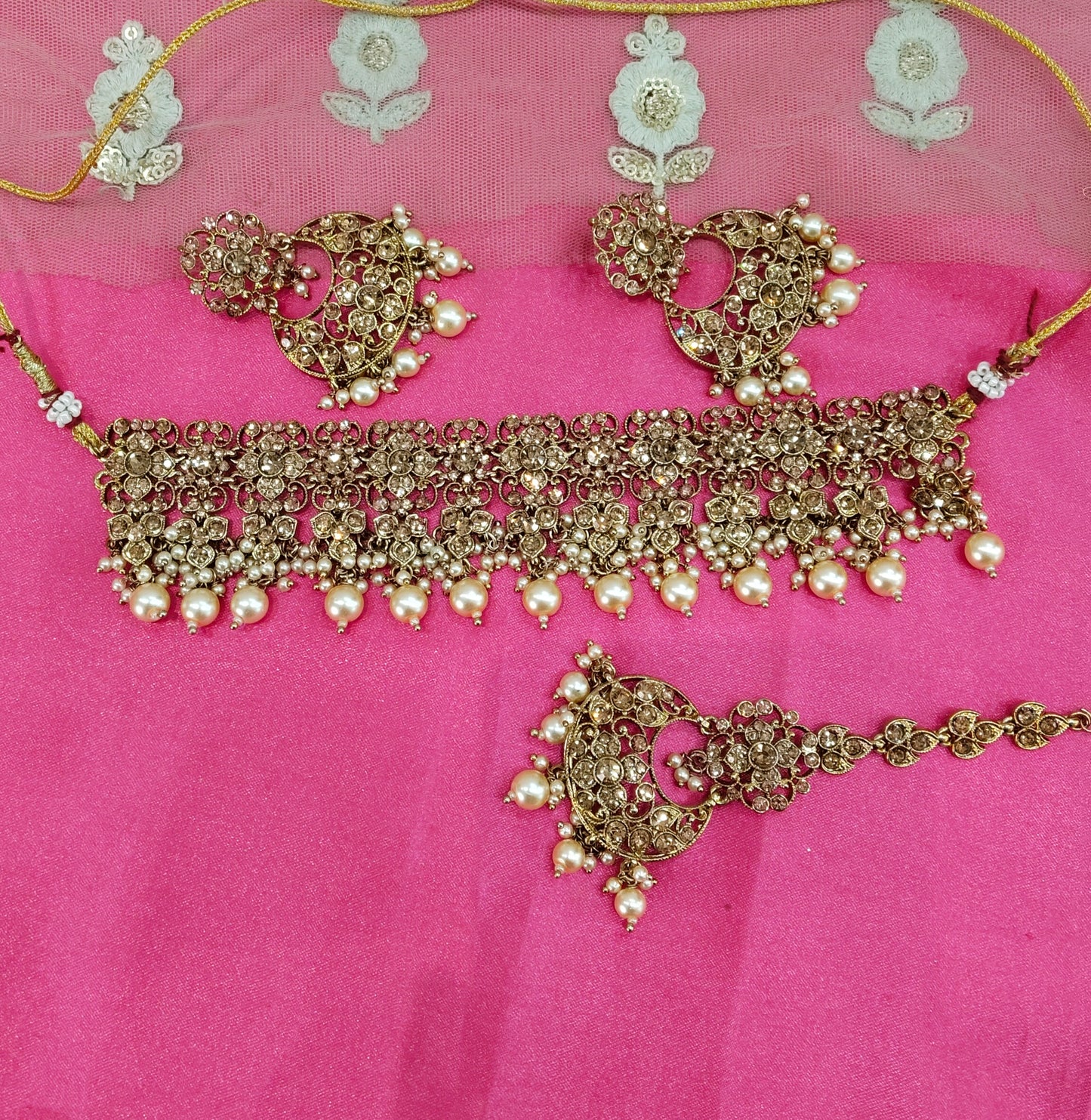 Antique Gold Crystal Stone Choker Jewellery Siraj Set