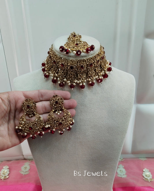 Maroon Crystal Stone Choker Jewellery Siraj Set