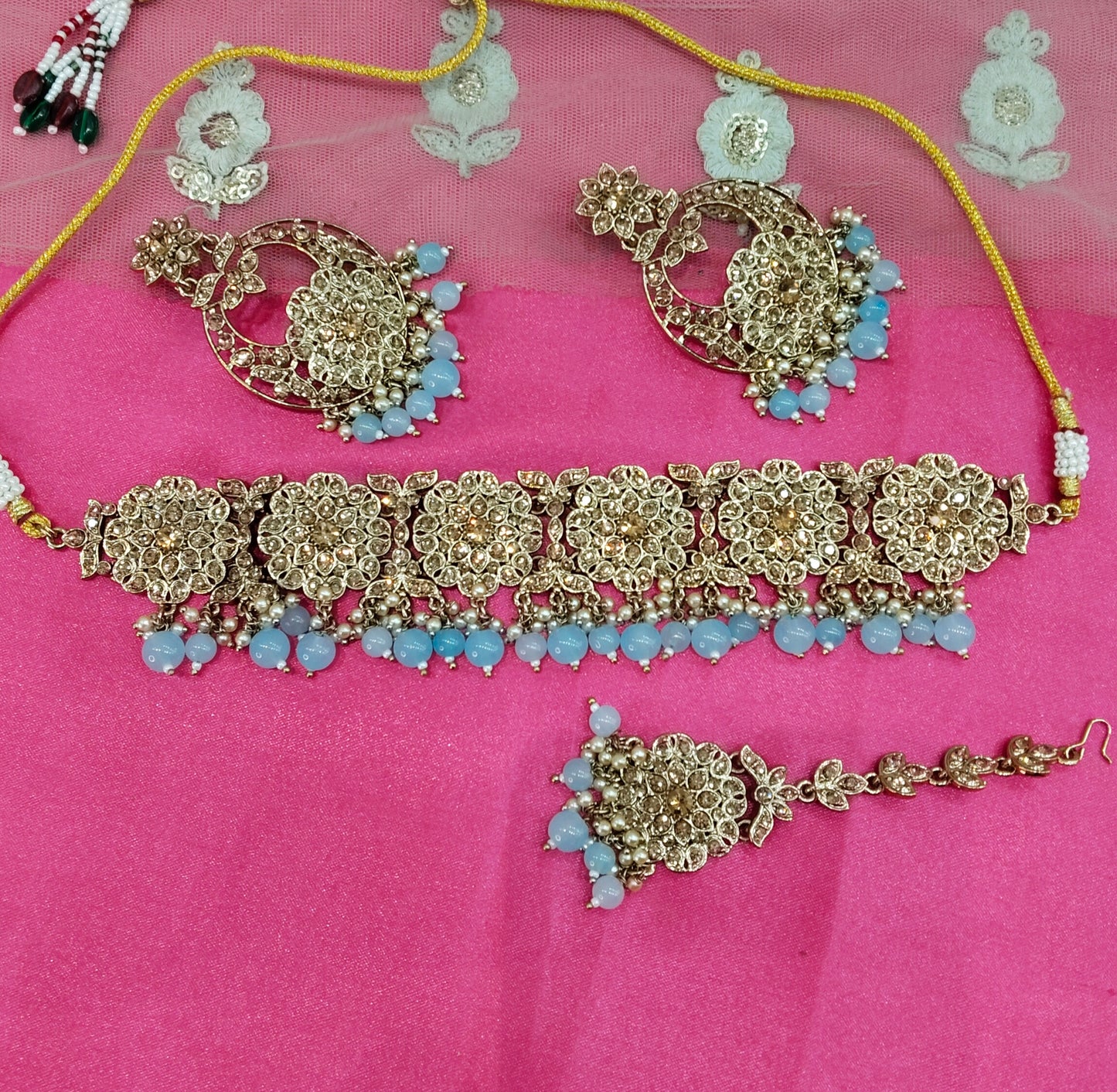 Sky Blue Crystal Stone Choker Jewellery Siraj Set