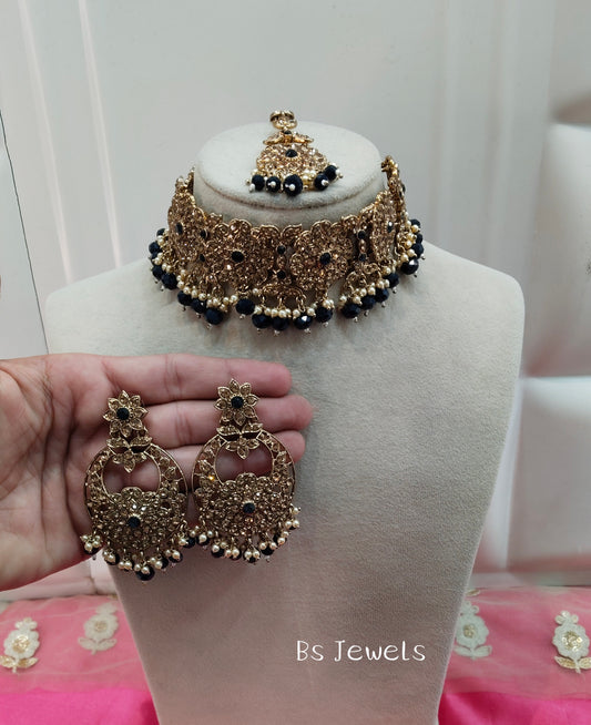 Blue Crystal Stone Choker Jewellery Siraj Set