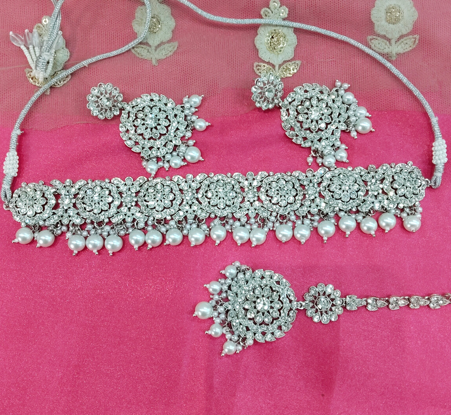 Silver White Crystal Stone Choker Jewellery Siraj Set