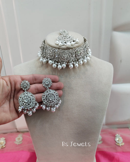 Silver White Crystal Stone Choker Jewellery Siraj Set