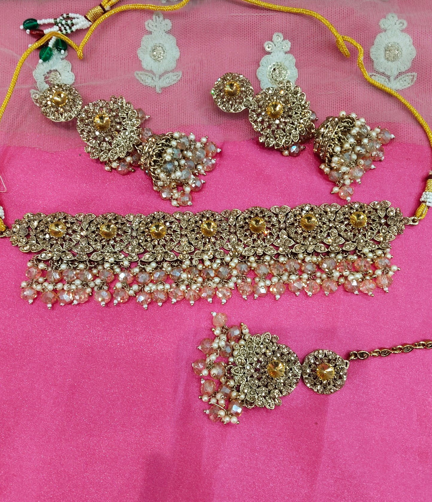 Antique White Crystal Stone Choker Jhumka Jewellery Siraj Set