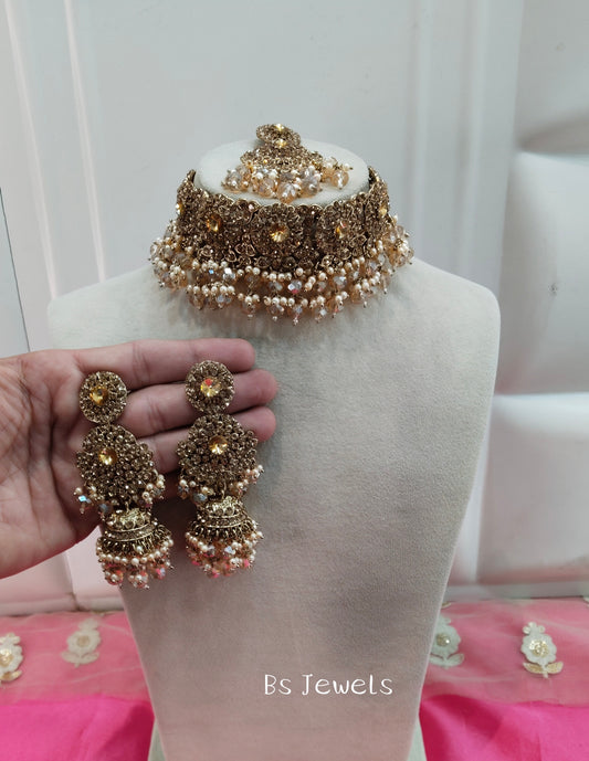 Antique White Crystal Stone Choker Jhumka Jewellery Siraj Set