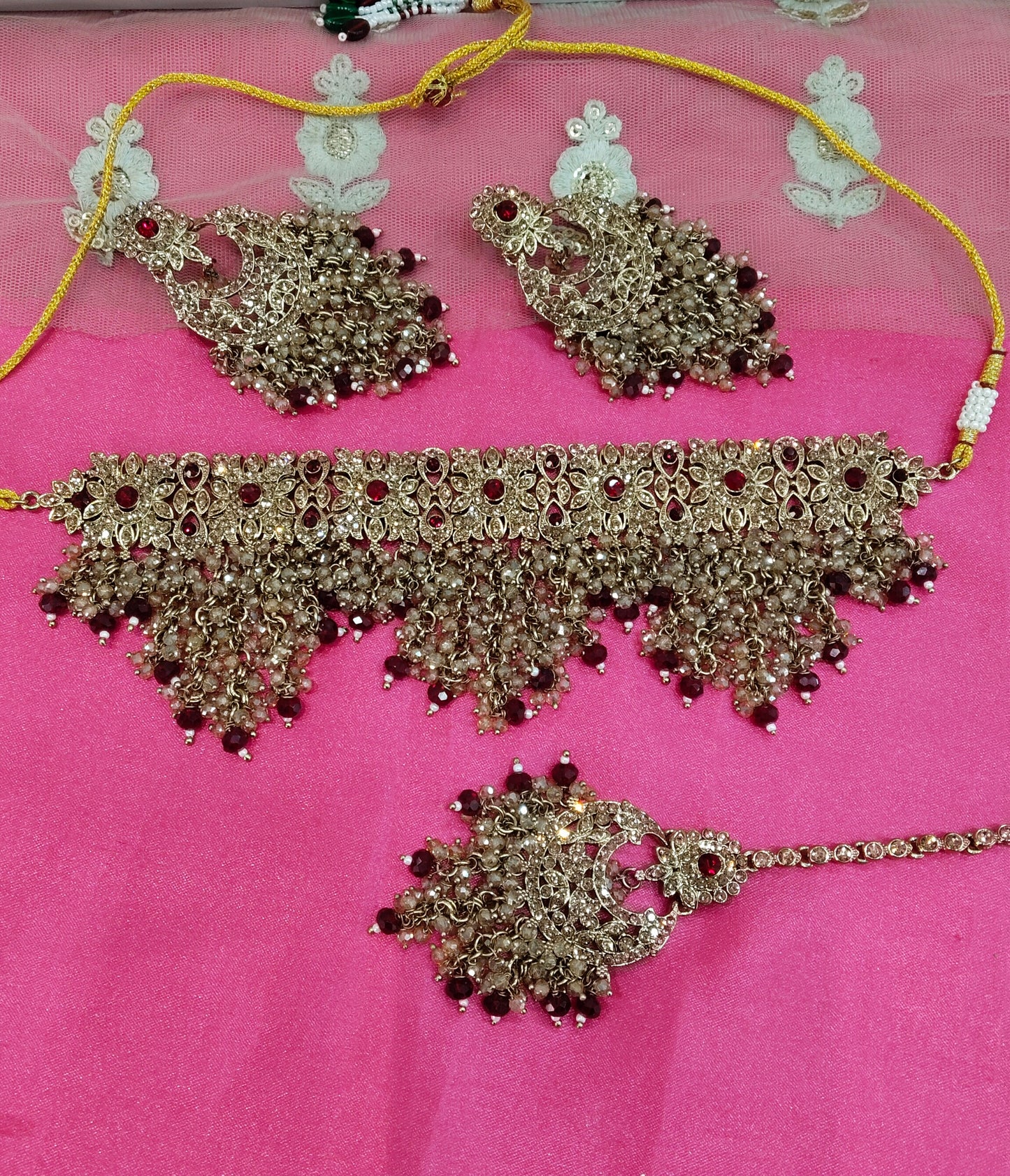 Maroon Crystal Stone Choker Jewellery Siraj Set