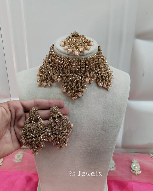 Peach Crystal Stone Choker Jewellery Siraj Set