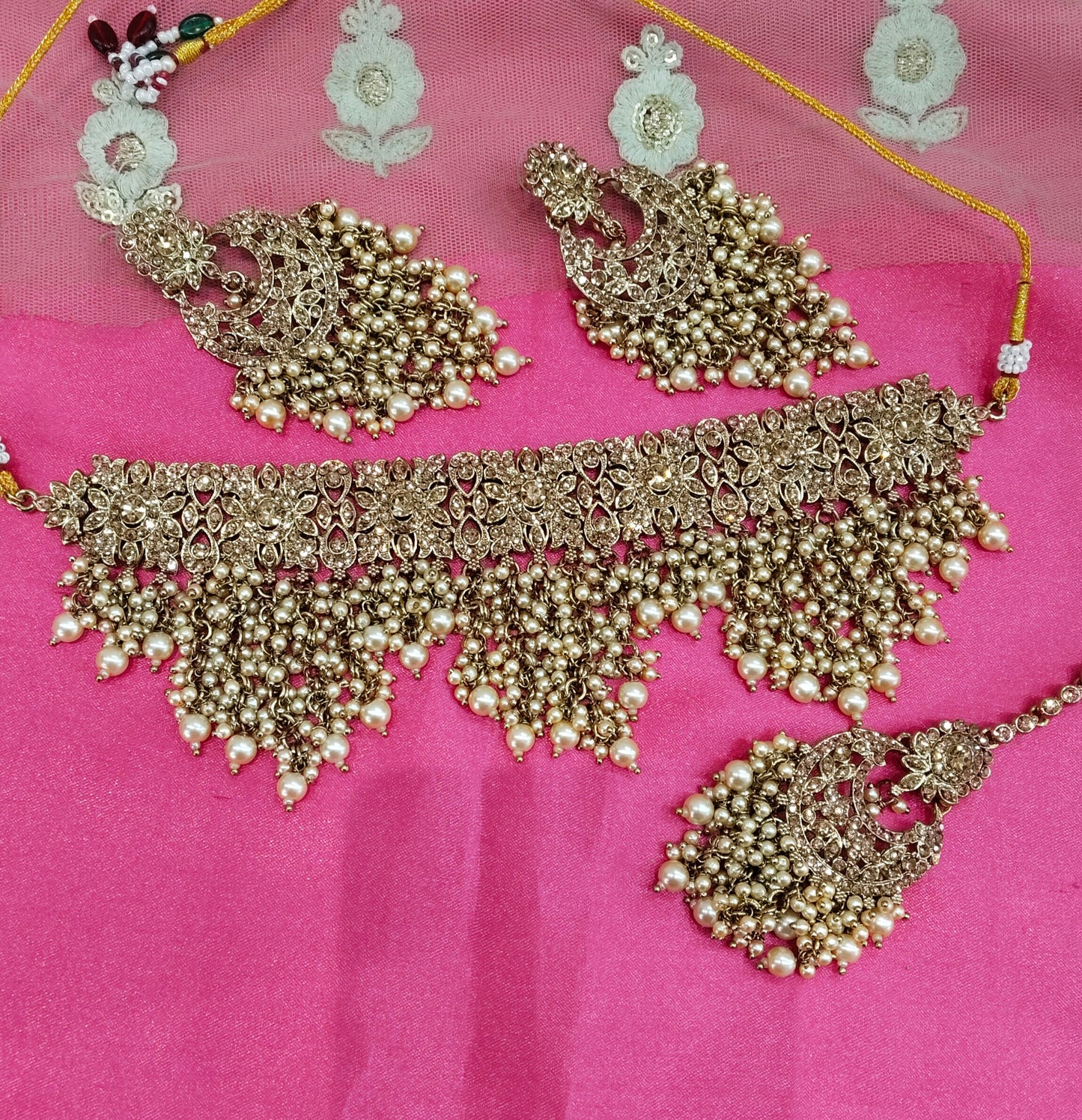 Antique Gold Crystal Stone Choker Jewellery Siraj Set
