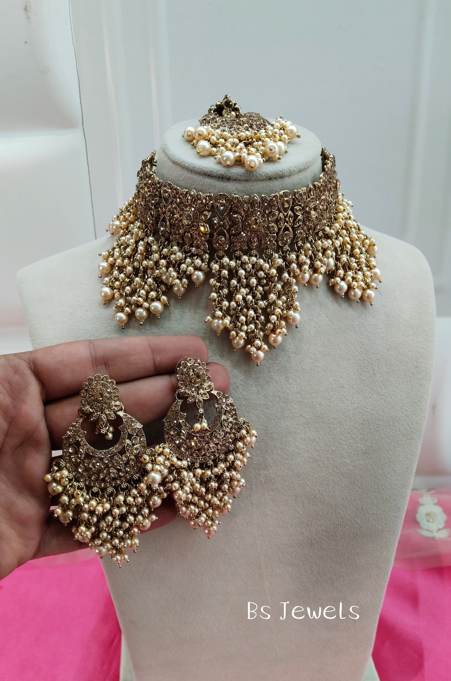 Antique Gold Crystal Stone Choker Jewellery Siraj Set