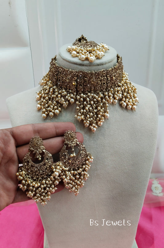 Antique Gold Crystal Stone Choker Jewellery Siraj Set