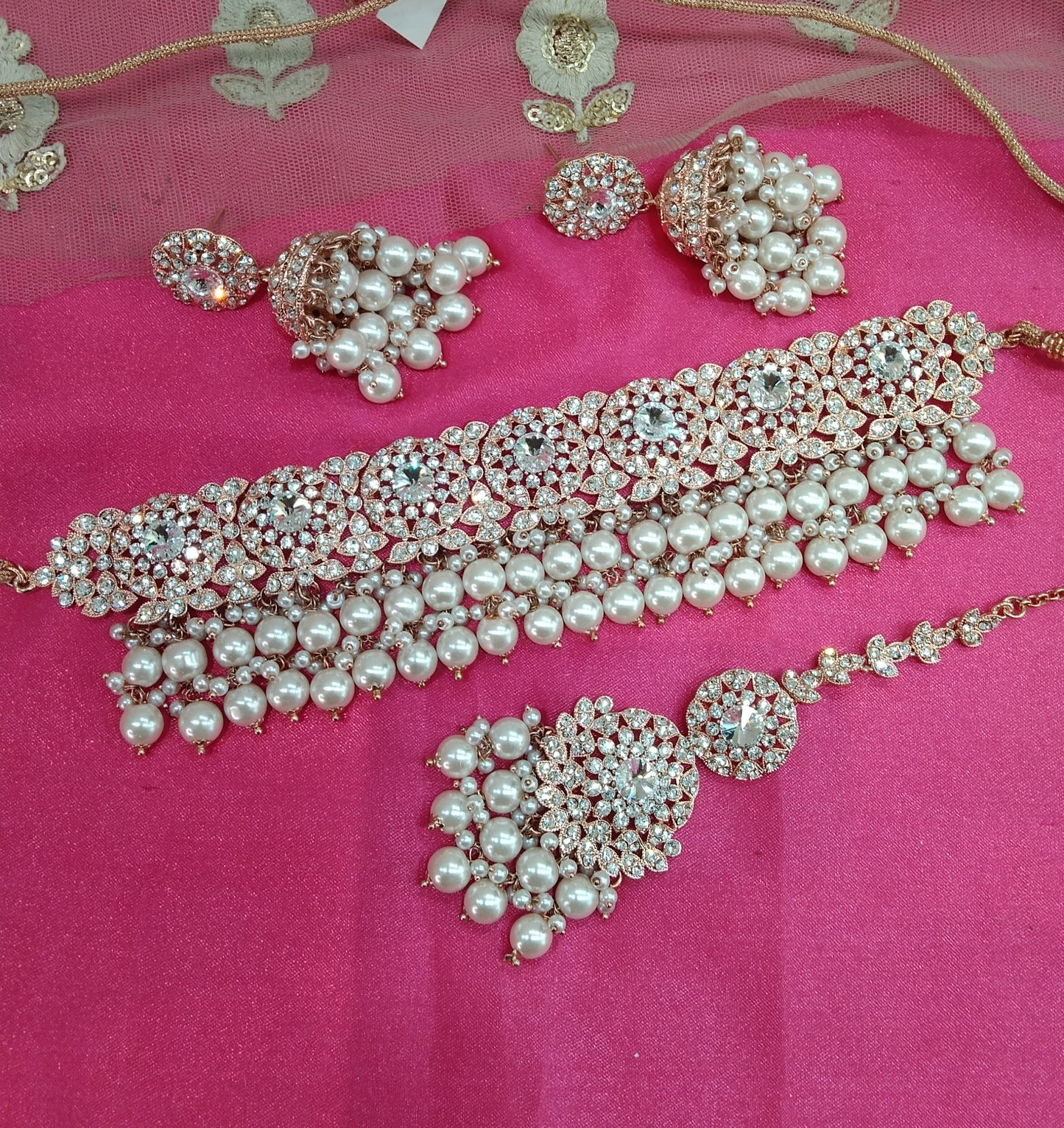 Rose White Crystal Stone Choker Jhumka Jewellery Sejal Set