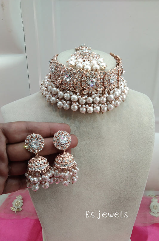 Rose White Crystal Stone Choker Jhumka Jewellery Sejal Set