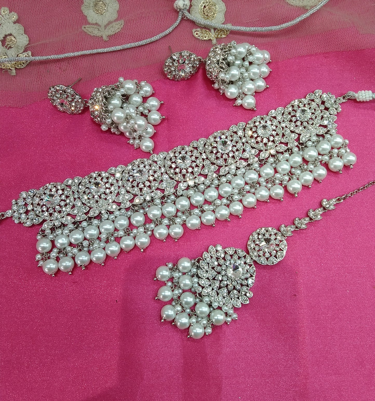 Silver White Crystal Stone Choker Jhumka Jewellery Sejal Set