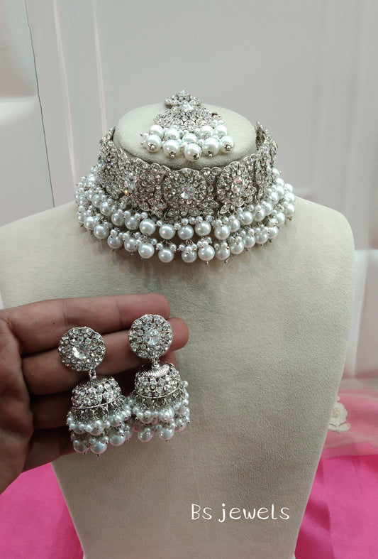 Silver White Crystal Stone Choker Jhumka Jewellery Sejal Set
