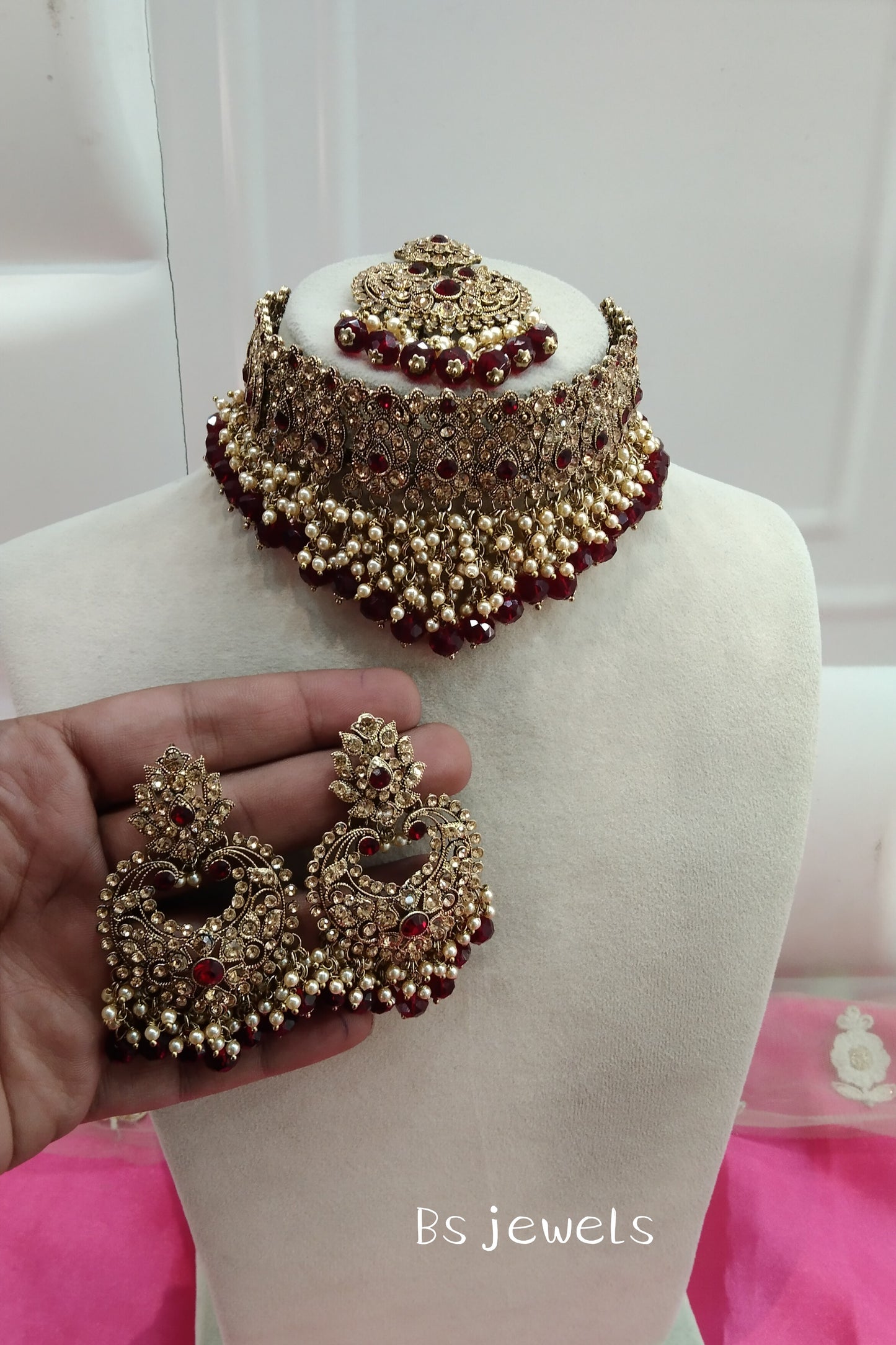 Maroon Crystal Stone Choker  Jewellery Sejal Set