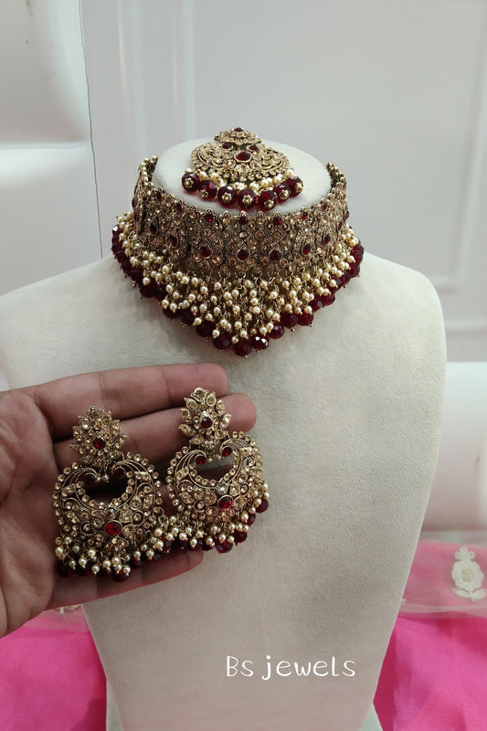 Maroon Crystal Stone Choker  Jewellery Sejal Set