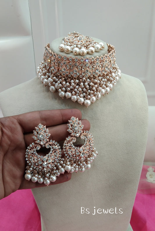 Rose White Crystal Stone Choker Jewellery Sejal Set