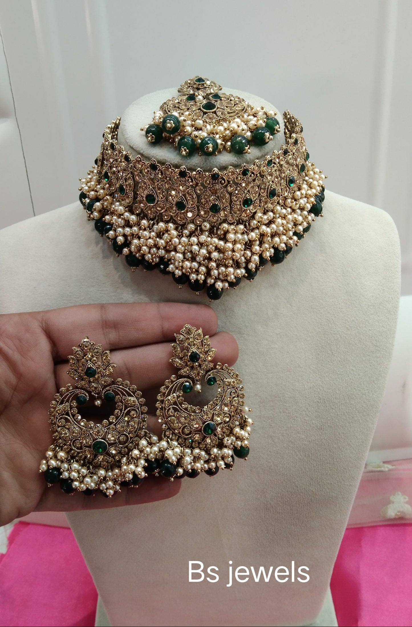Green Crystal Stone Choker Jewellery Sejal Set