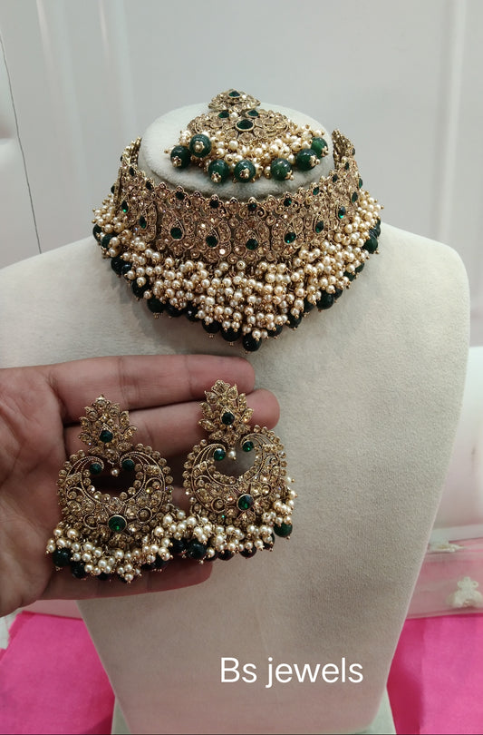 Green Crystal Stone Choker Jewellery Sejal Set
