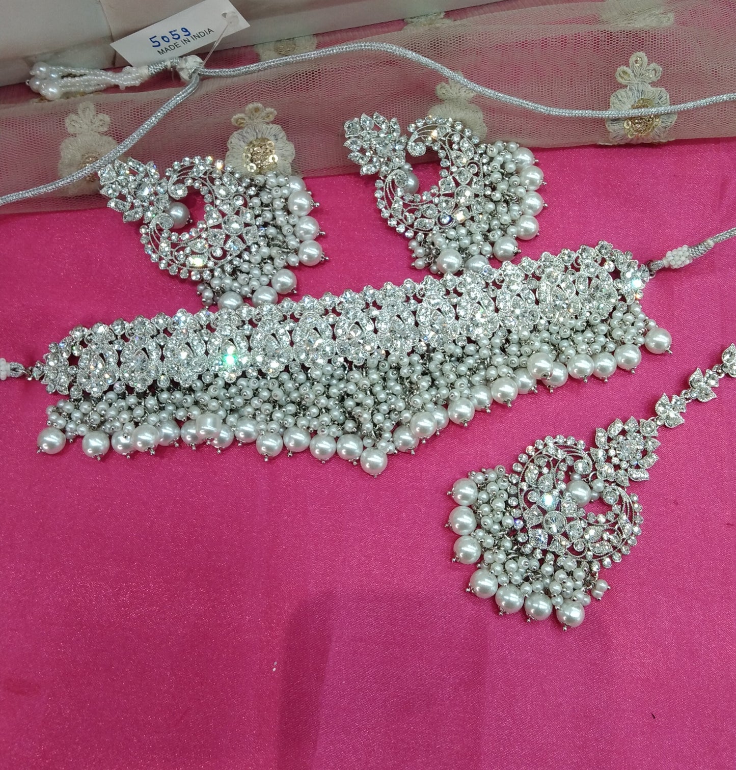 Silver White Crystal Stone Choker Jewellery Sejal Set