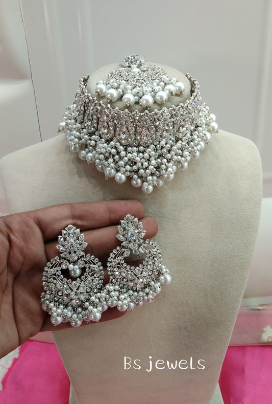Silver White Crystal Stone Choker Jewellery Sejal Set