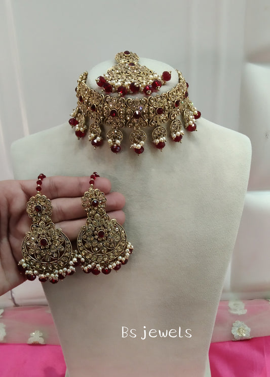 Maroon Crystal Stone Choker Jewellery Sejal Set