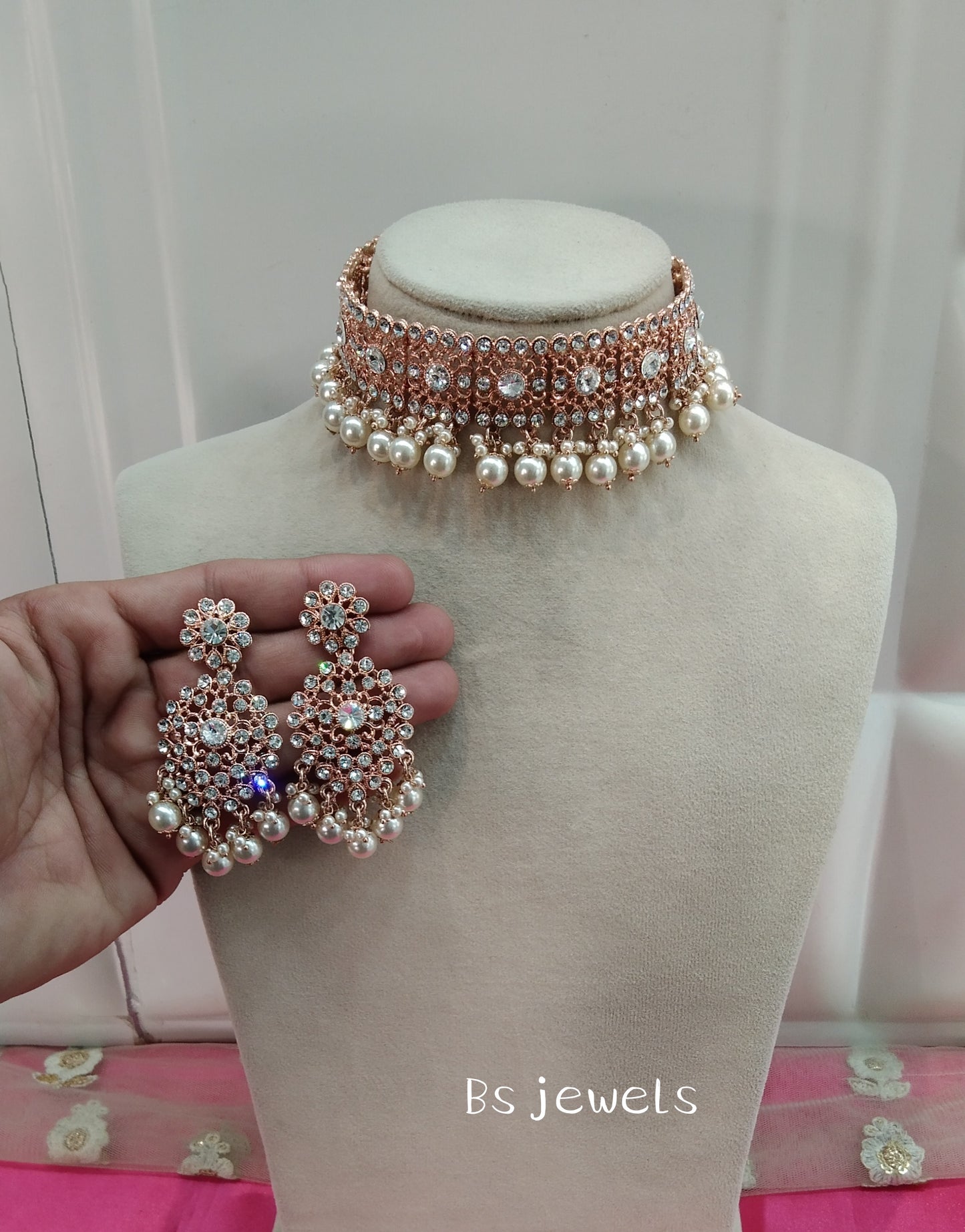 Rose White Crystal Stone Choker Jewellery Sejal Set