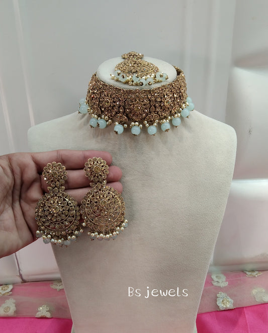 Sea Green Crystal Stone Choker Jewellery Sejal Set