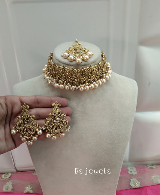 Antique Gold Crystal Stone Choker Jewellery Sejal Set