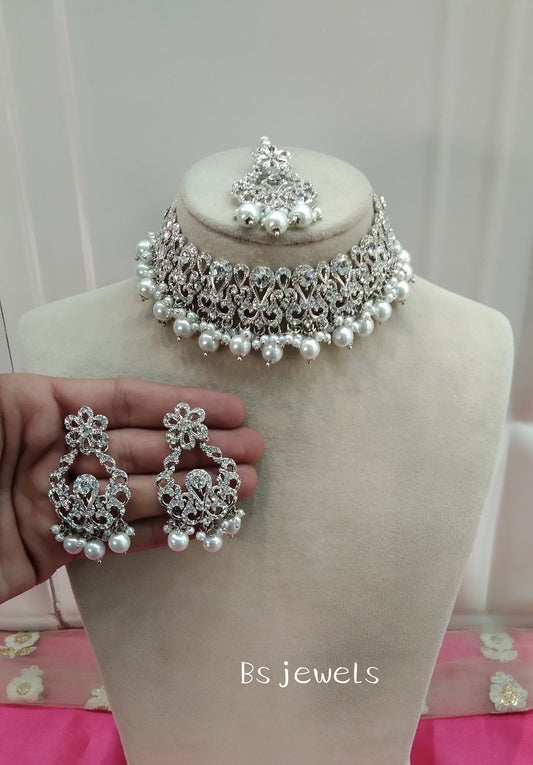 Silver White Crystal Stone Choker Jewellery Sejal Set