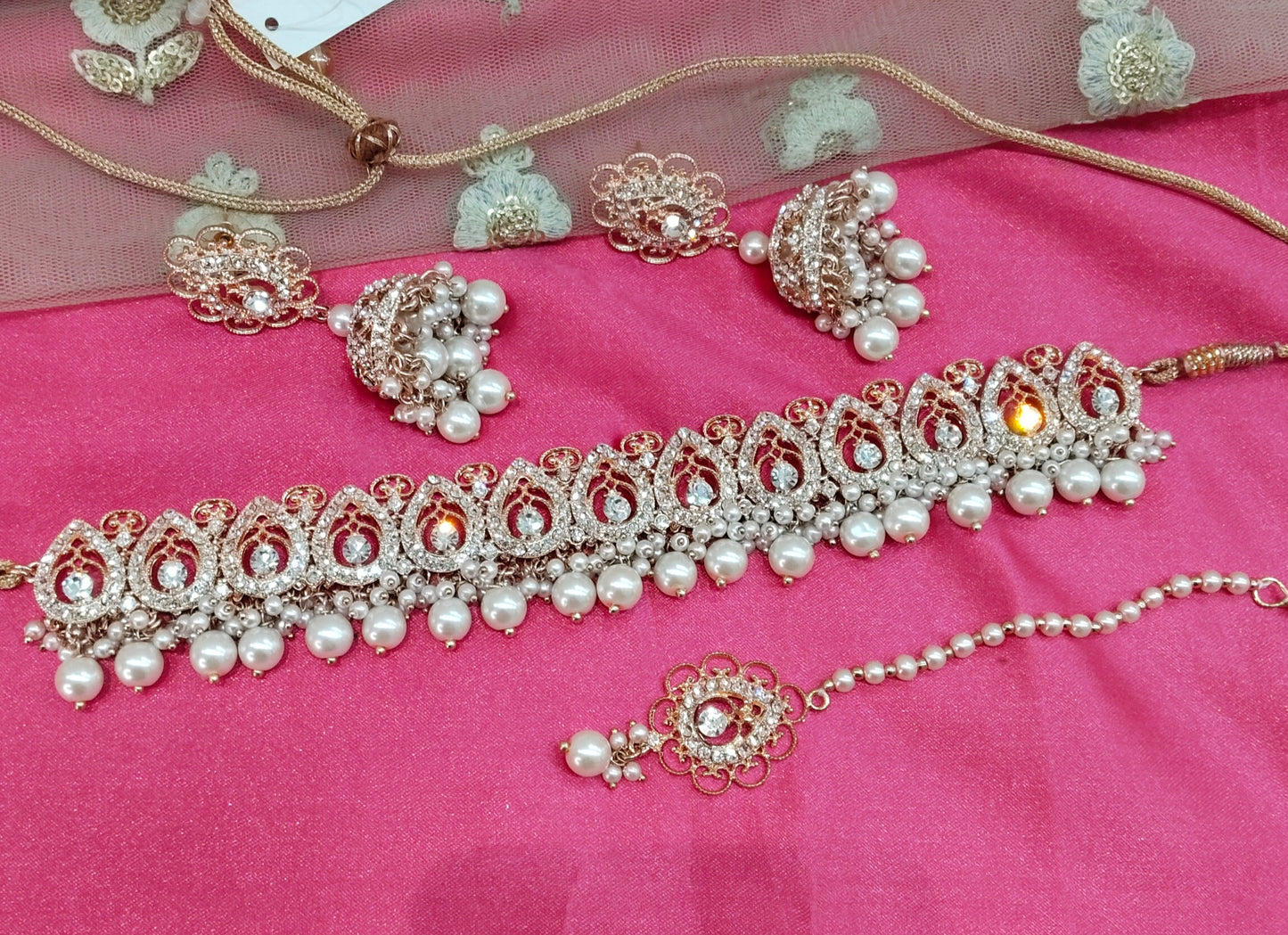 Rose white Crystal Stone Choker Jewellery Jhumka Mony Set