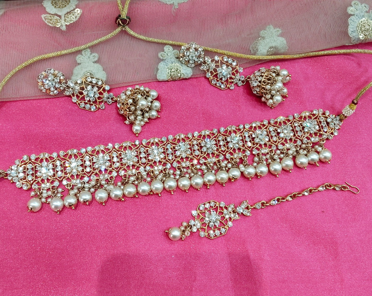 Rose White Crystal Stone Choker Jewellery Suraj Set