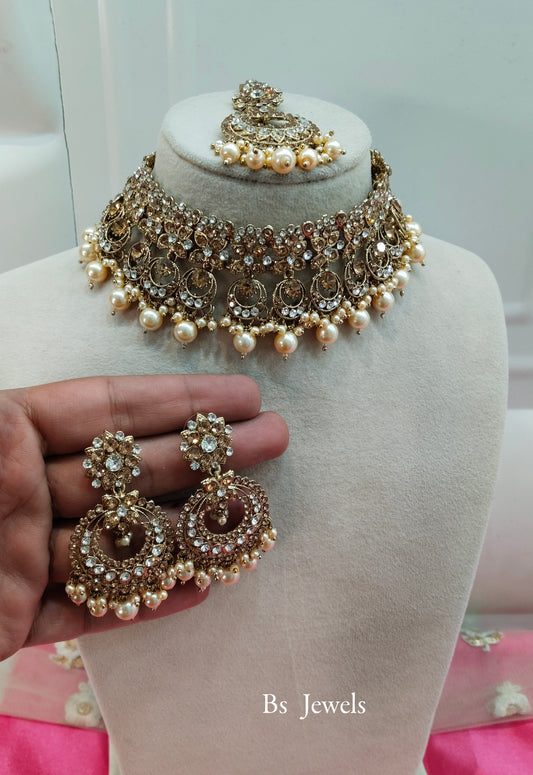 Antique Gold Crystal Stone Choker Jewellery Mony Set