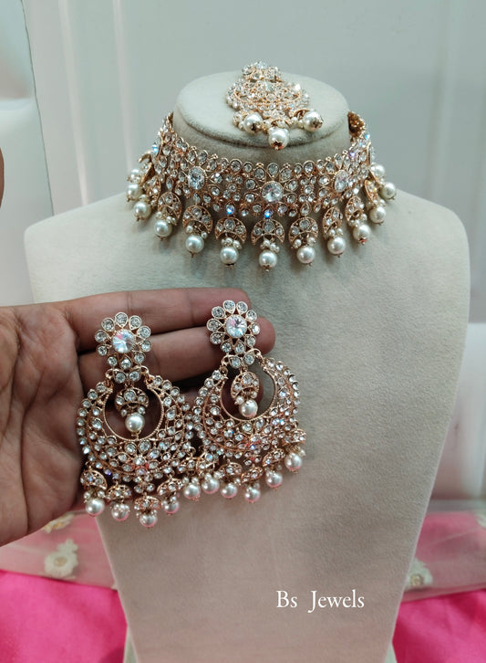 Rose White Crystal Stone Choker Jewellery House Set