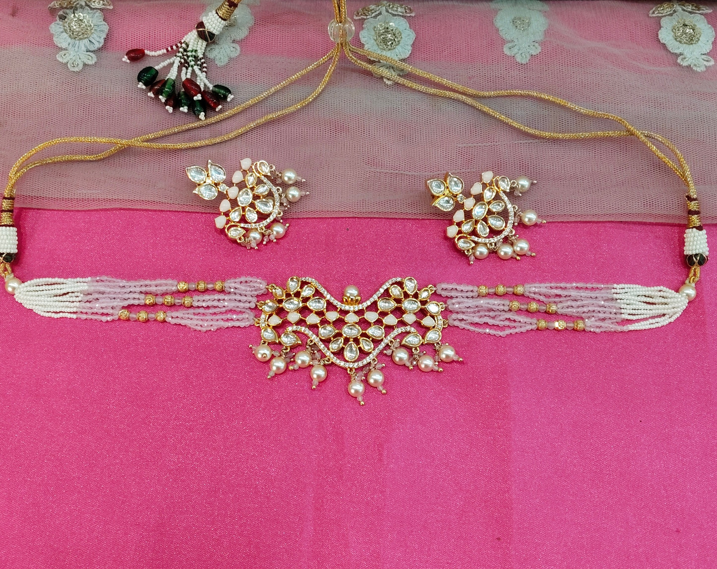 Peach Uncut Kundan Choker Jewellery Krishna Set