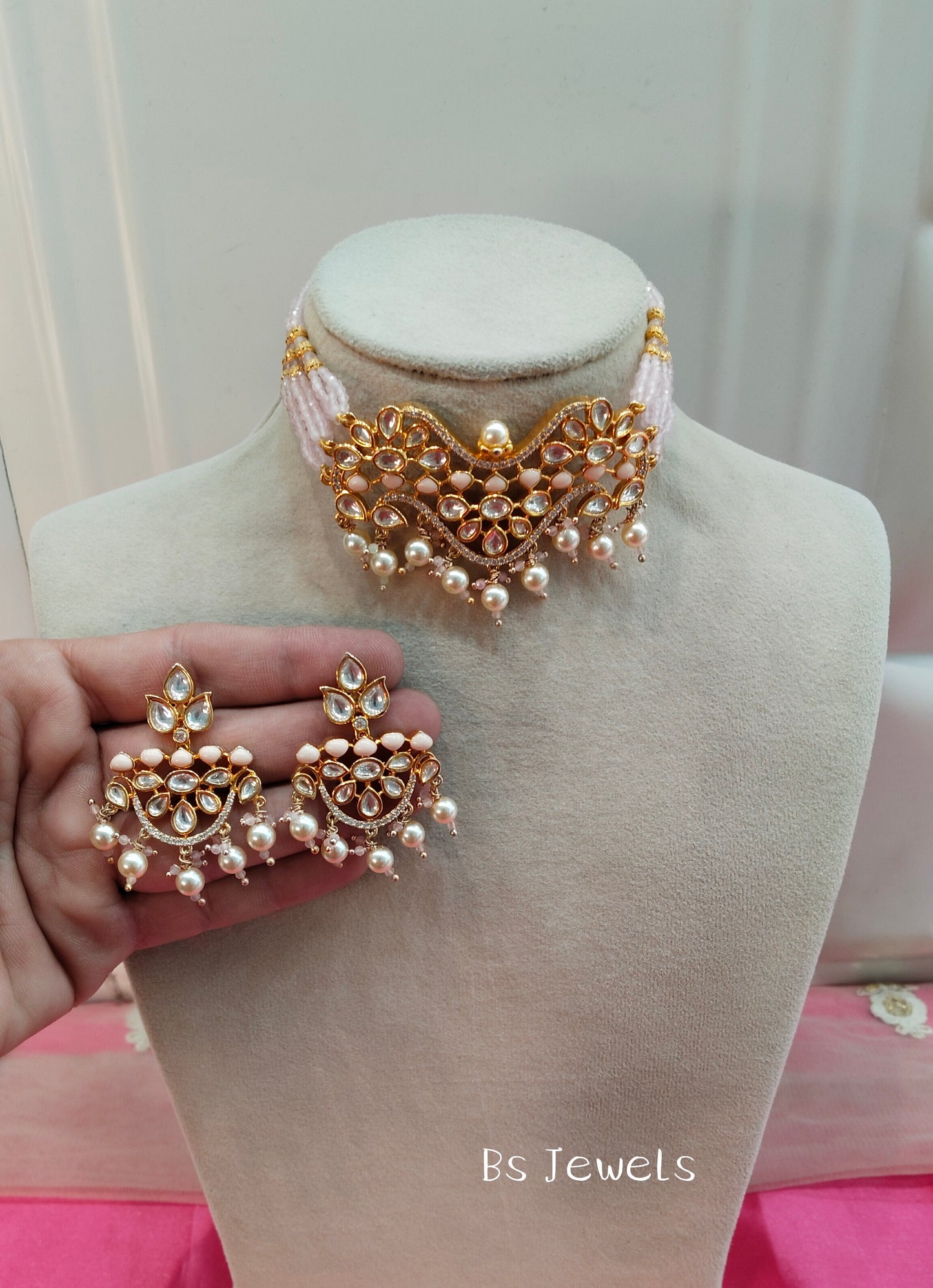 Peach Uncut Kundan Choker Jewellery Krishna Set