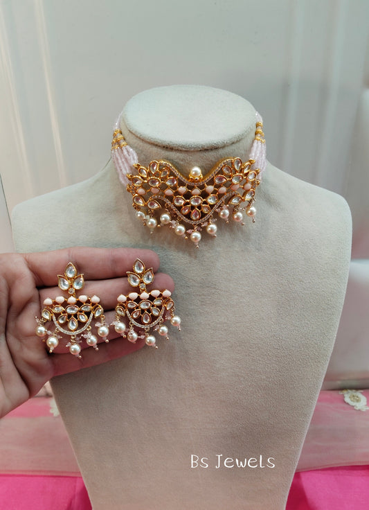Peach Uncut Kundan Choker Jewellery Krishna Set