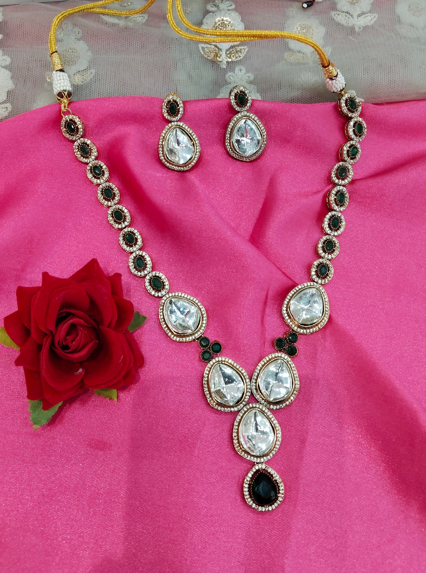 Green Moissanite Kundan Necklace Jewellery Shweta Set