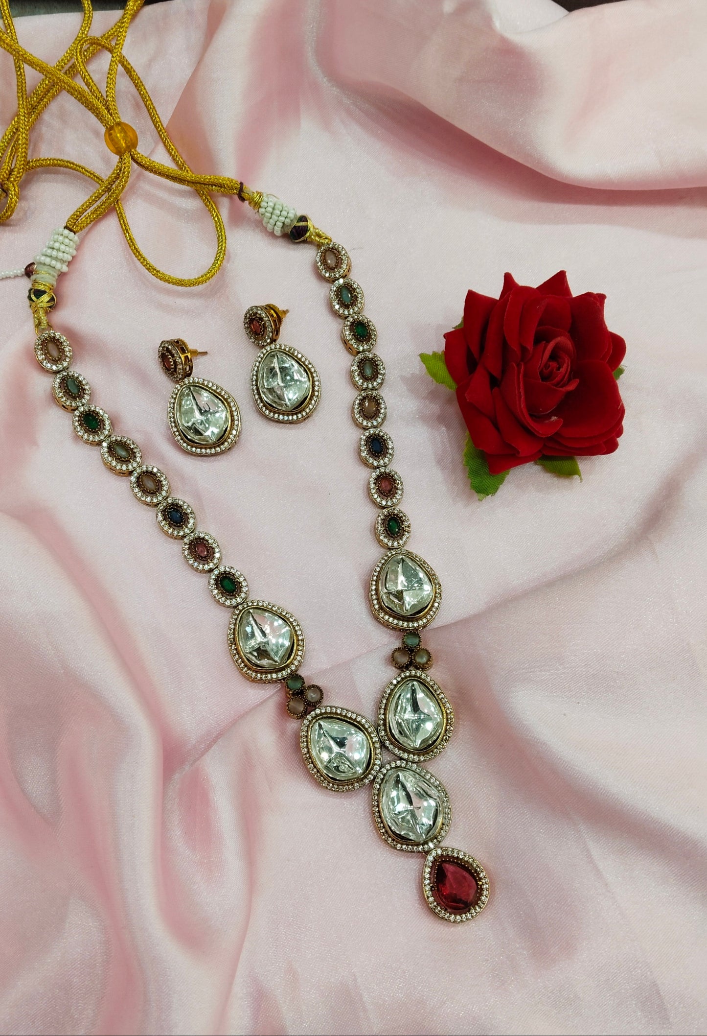 Multi Color Moissanite Kundan Necklace Jewellery Shweta Set