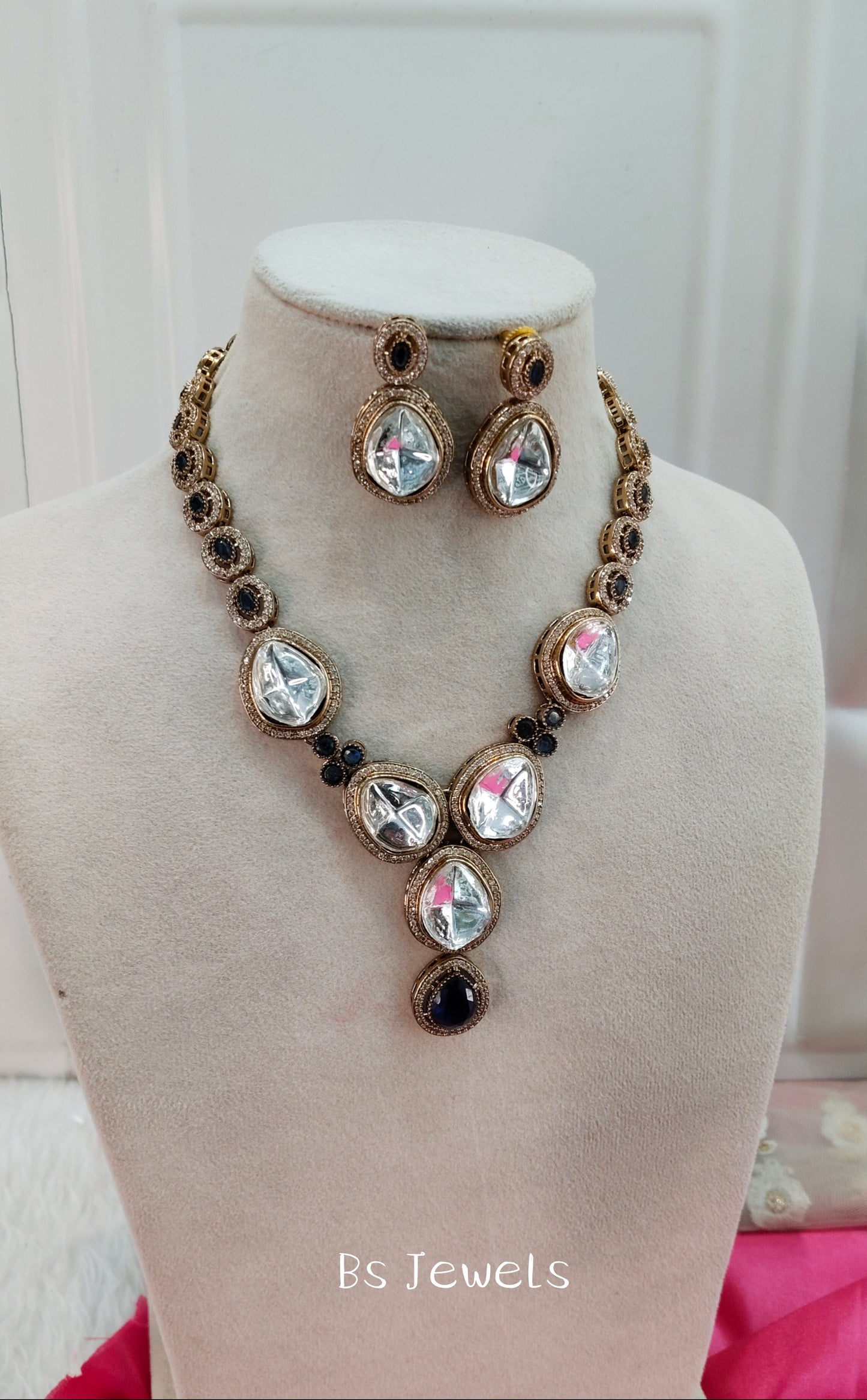 Blue Moissanite Kundan Necklace Jewellery Shweta Set