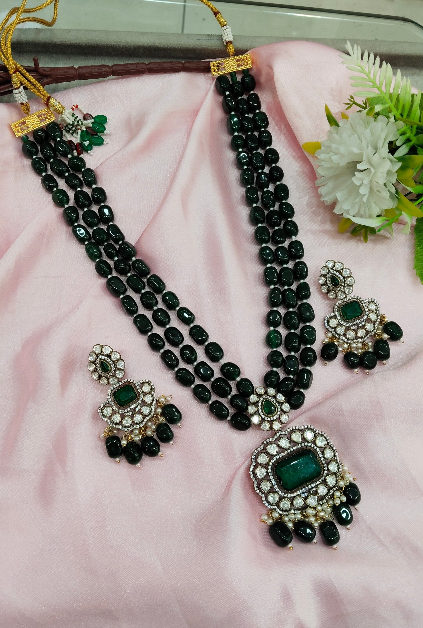 Green Moissanite Kundan Long Rani Haar Necklace Jewellery Bobby Set