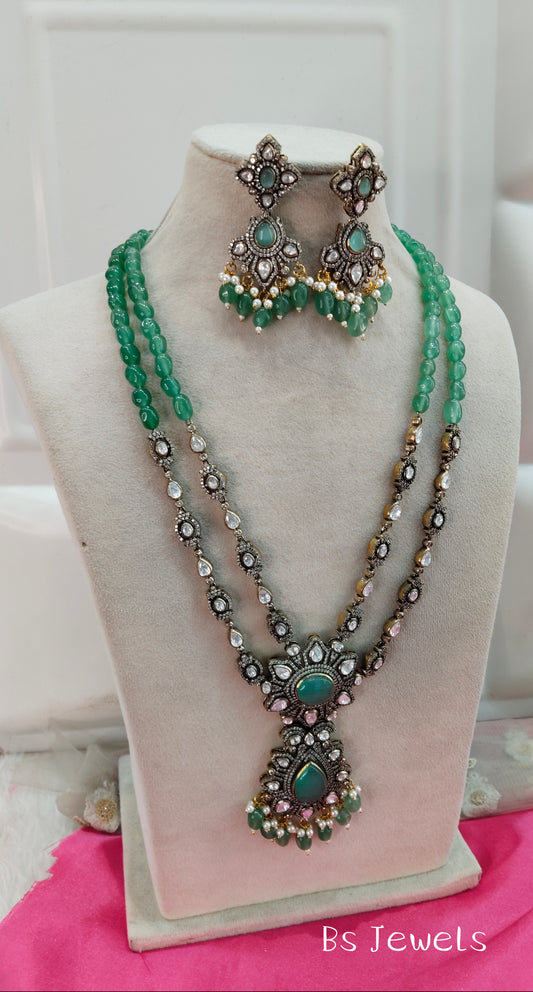 Sage Green Moissanite Kundan Long Rani Haar Necklace Jewellery Bobby Set
