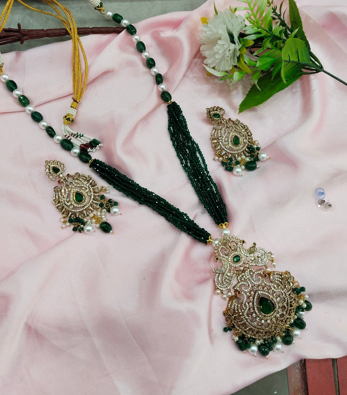 Green Moissanite Kundan Long Rani Haar Necklace Jewellery Bobby Set
