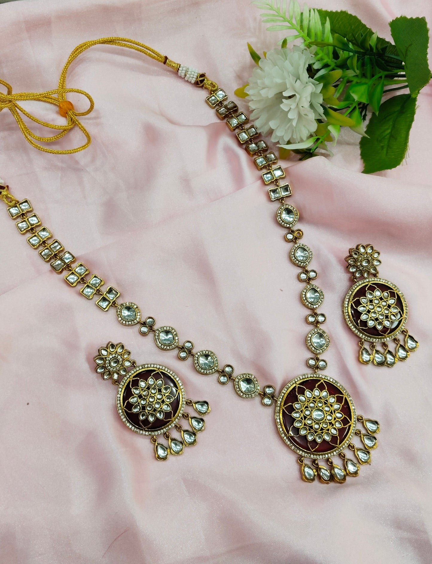 Maroon Moissanite Kundan Long Rani Haar Necklace Jewellery Bobby Set