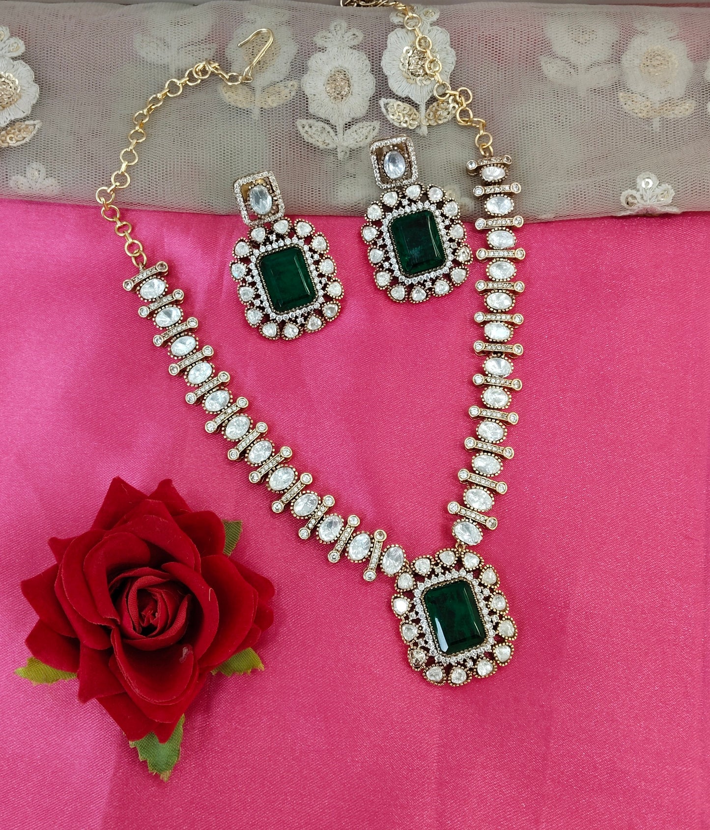 Green Moissanite Kundan Necklace Jewellery Maya Set
